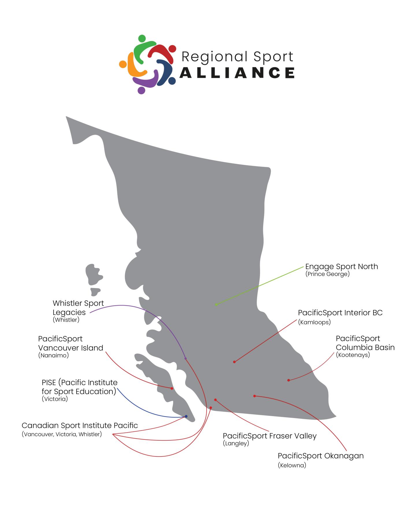 Map of British Columbia with dots and lines marking sport centers.